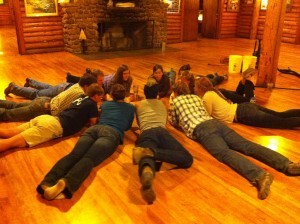 Some of the staff playing "spoons" on the dining room floor!